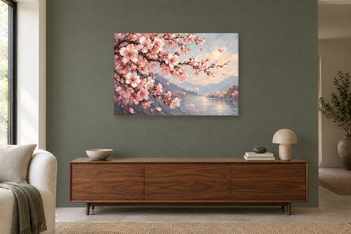 Cherry Blossom Breeze — horizontal canvas in a living room, full original artwork