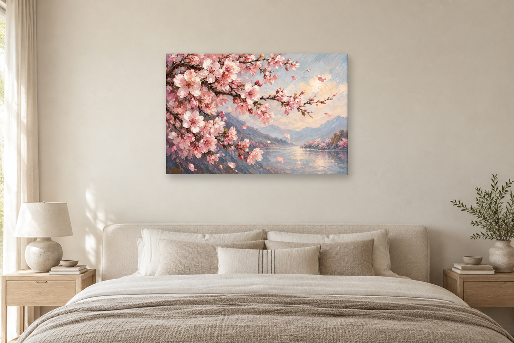 Cherry Blossom Breeze — horizontal canvas in a bedroom, full original artwork