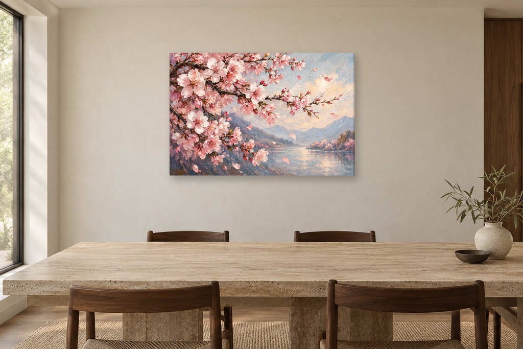Cherry Blossom Breeze — horizontal canvas in a dining room, full original artwork
