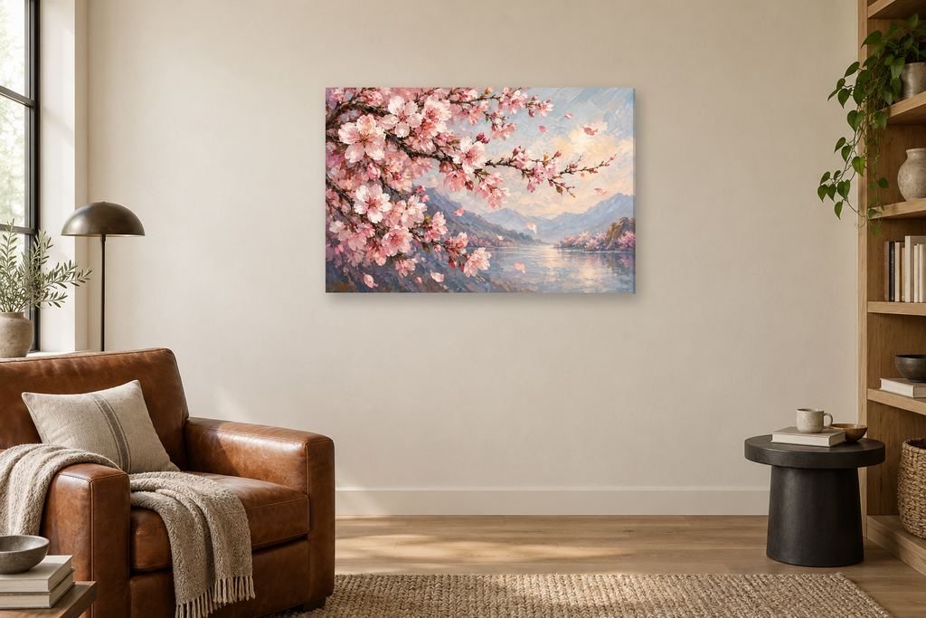 Cherry Blossom Breeze — horizontal canvas in a reading corner, full original artwork