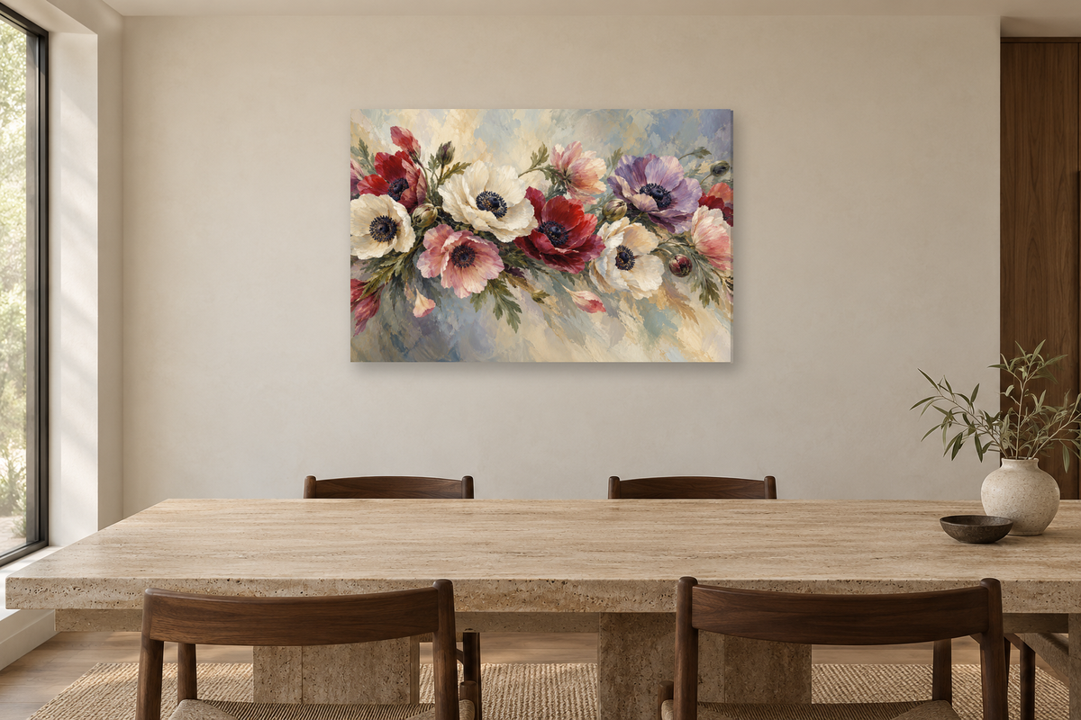 Anemone Dance — horizontal canvas in a dining room, full original artwork
