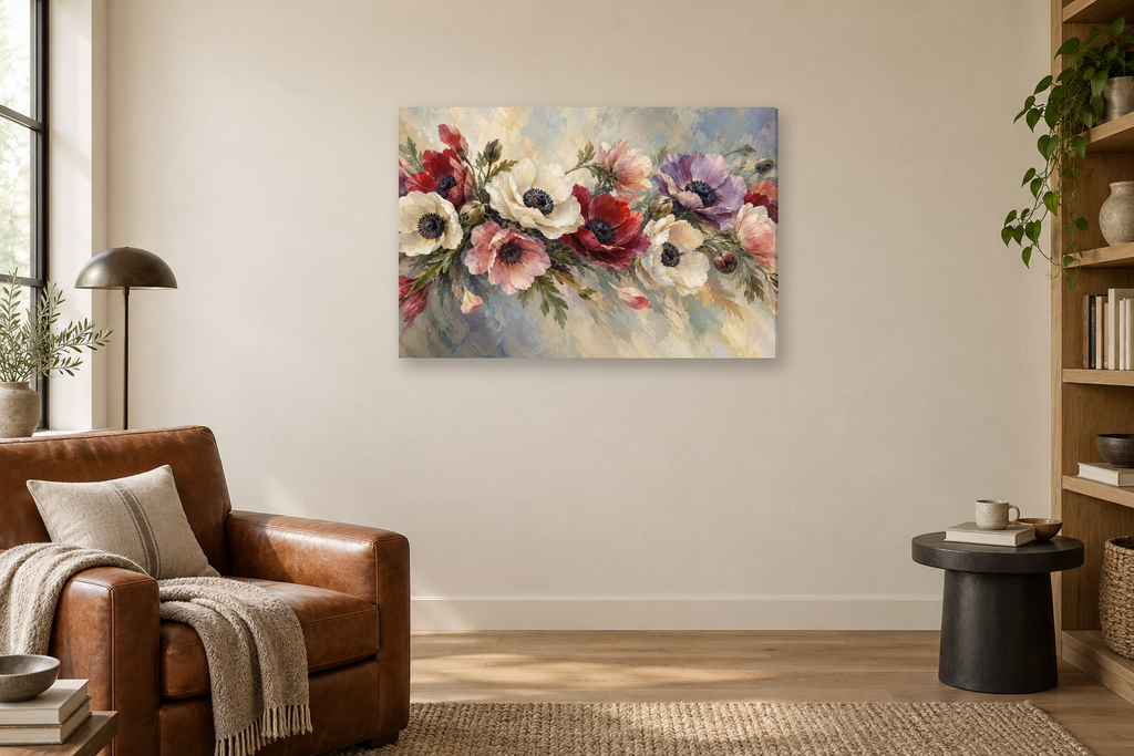 Anemone Dance — horizontal canvas in a reading corner, full original artwork