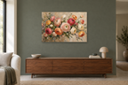 Ranunculus Bouquet — horizontal canvas in a living room, full original artwork