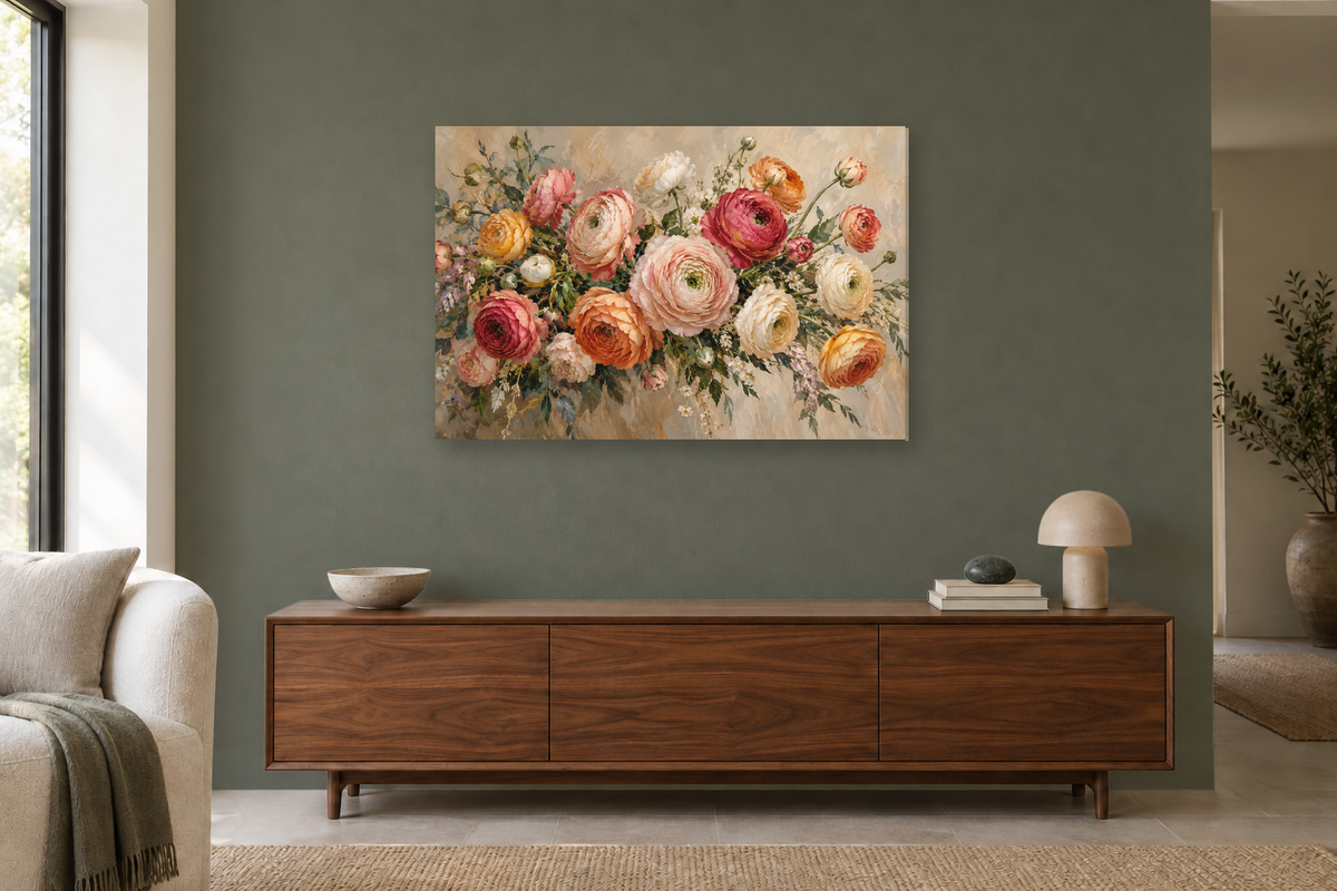 Ranunculus Bouquet — horizontal canvas in a living room, full original artwork