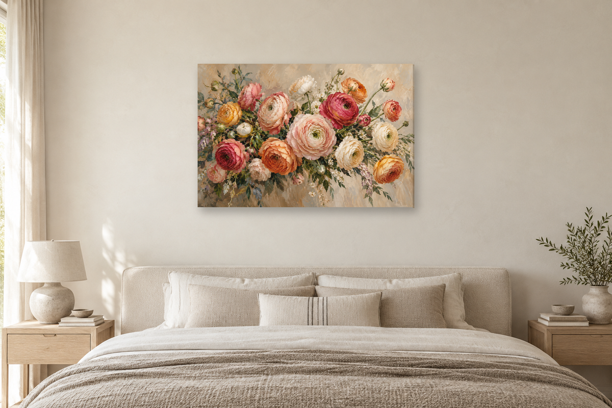 Ranunculus Bouquet — horizontal canvas in a bedroom, full original artwork