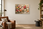 Ranunculus Bouquet — horizontal canvas in a reading corner, full original artwork