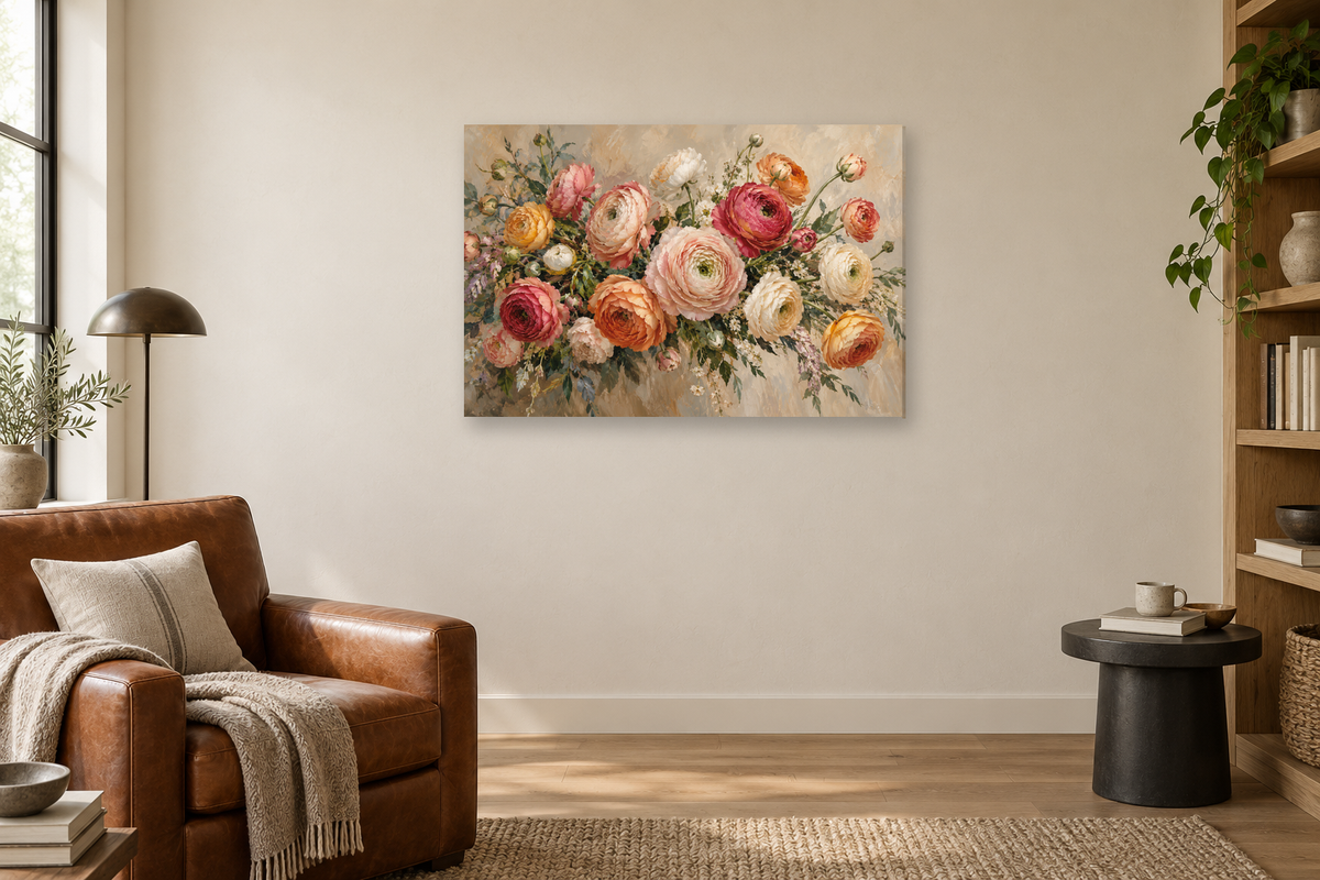 Ranunculus Bouquet — horizontal canvas in a reading corner, full original artwork