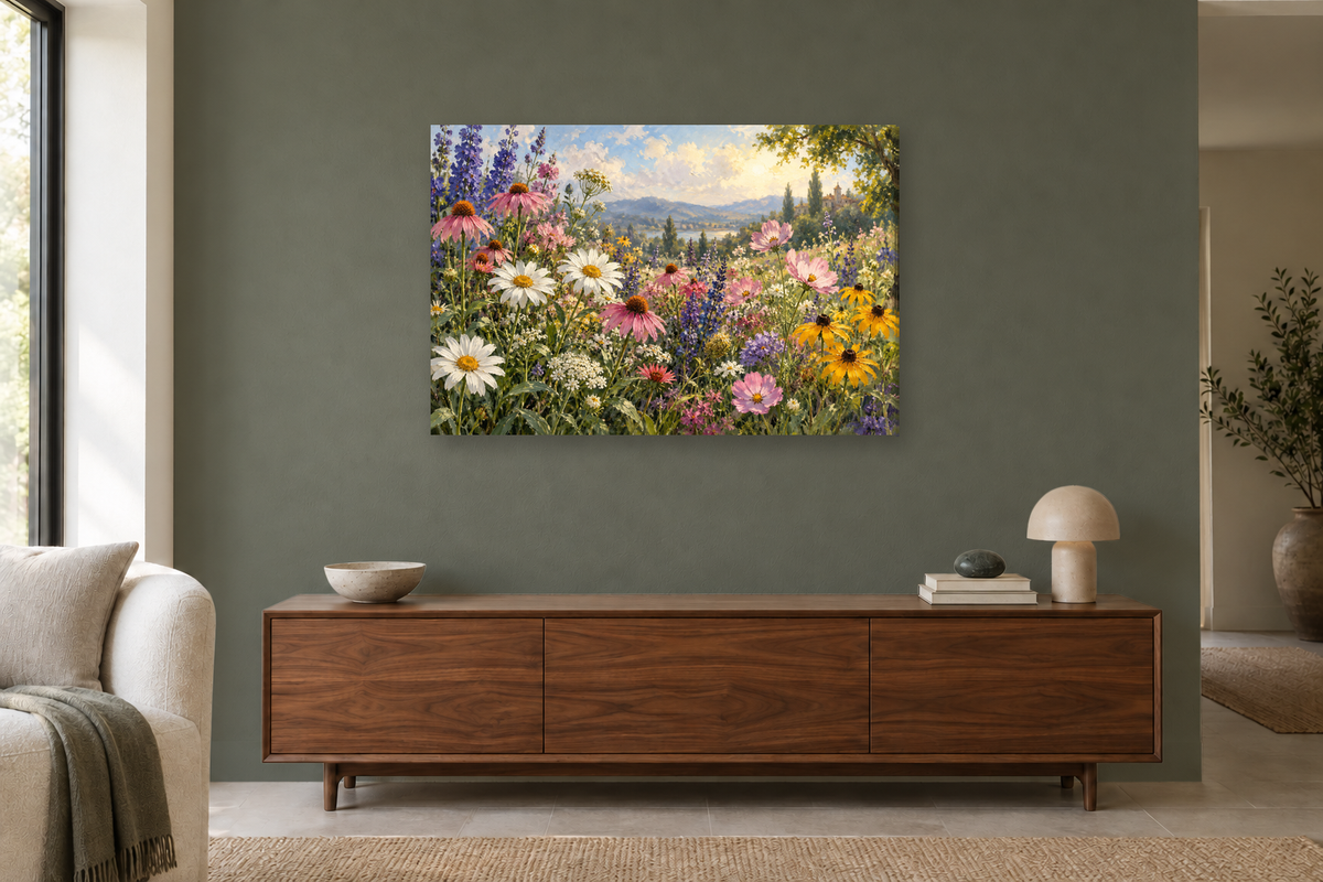 Meadow Flowers — horizontal canvas in a living room, full original artwork