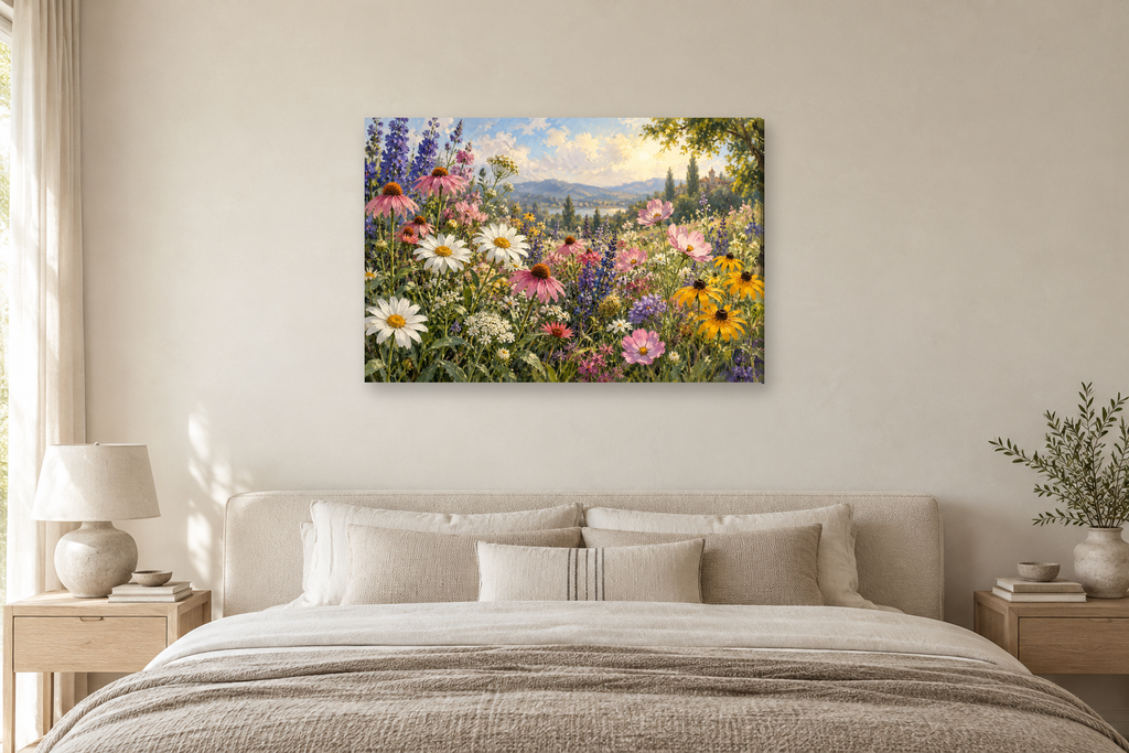 Meadow Flowers — horizontal canvas in a bedroom, full original artwork