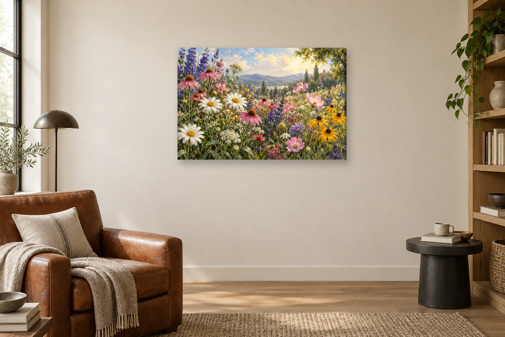 Meadow Flowers — horizontal canvas in a reading corner, full original artwork