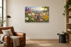 Meadow Flowers — horizontal canvas in a reading corner, full original artwork