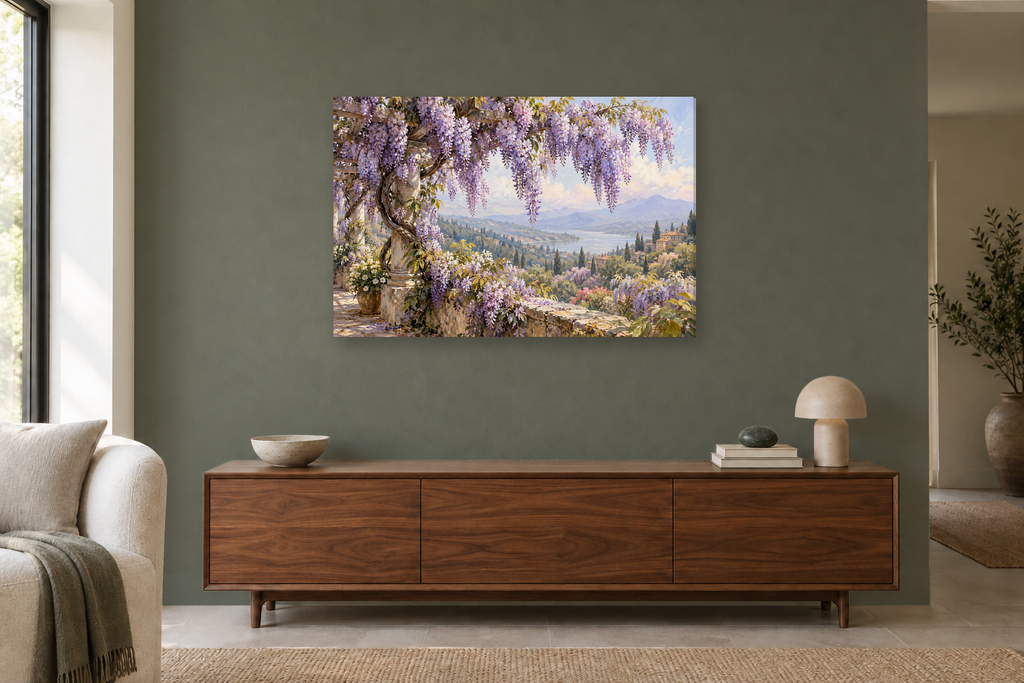 Wisteria Cascade — horizontal canvas in a living room, full original artwork