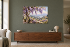 Wisteria Cascade — horizontal canvas in a living room, full original artwork
