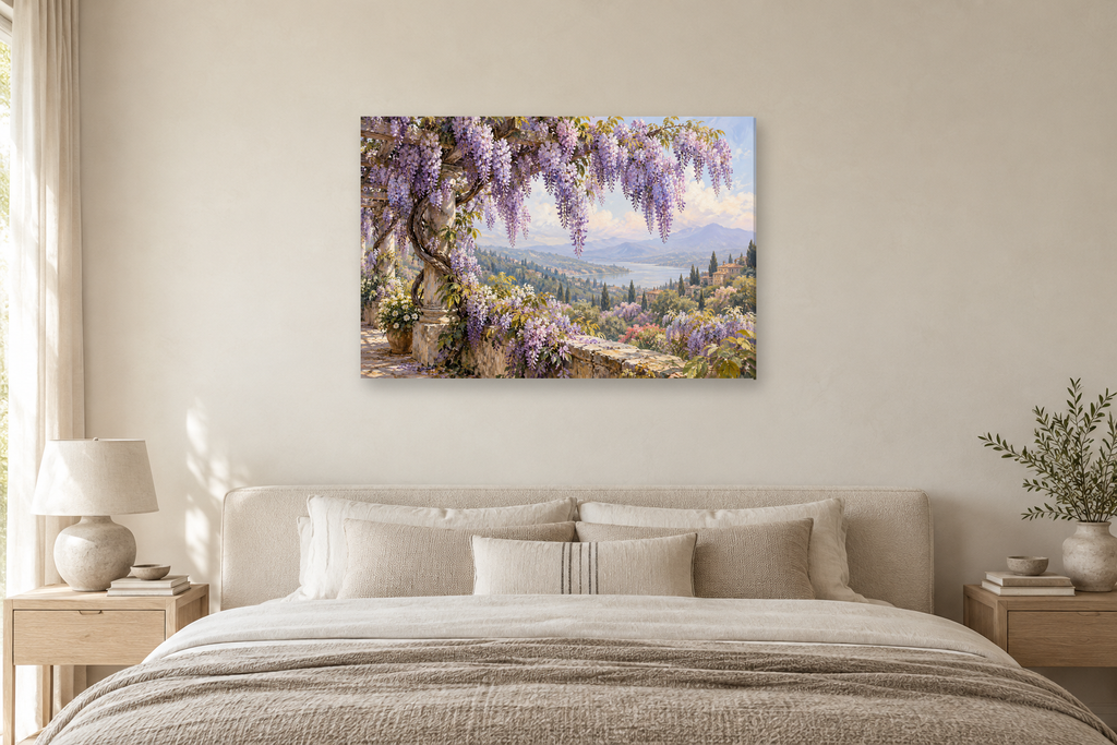 Wisteria Cascade — horizontal canvas in a bedroom, full original artwork