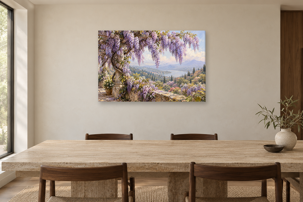 Wisteria Cascade — horizontal canvas in a dining room, full original artwork