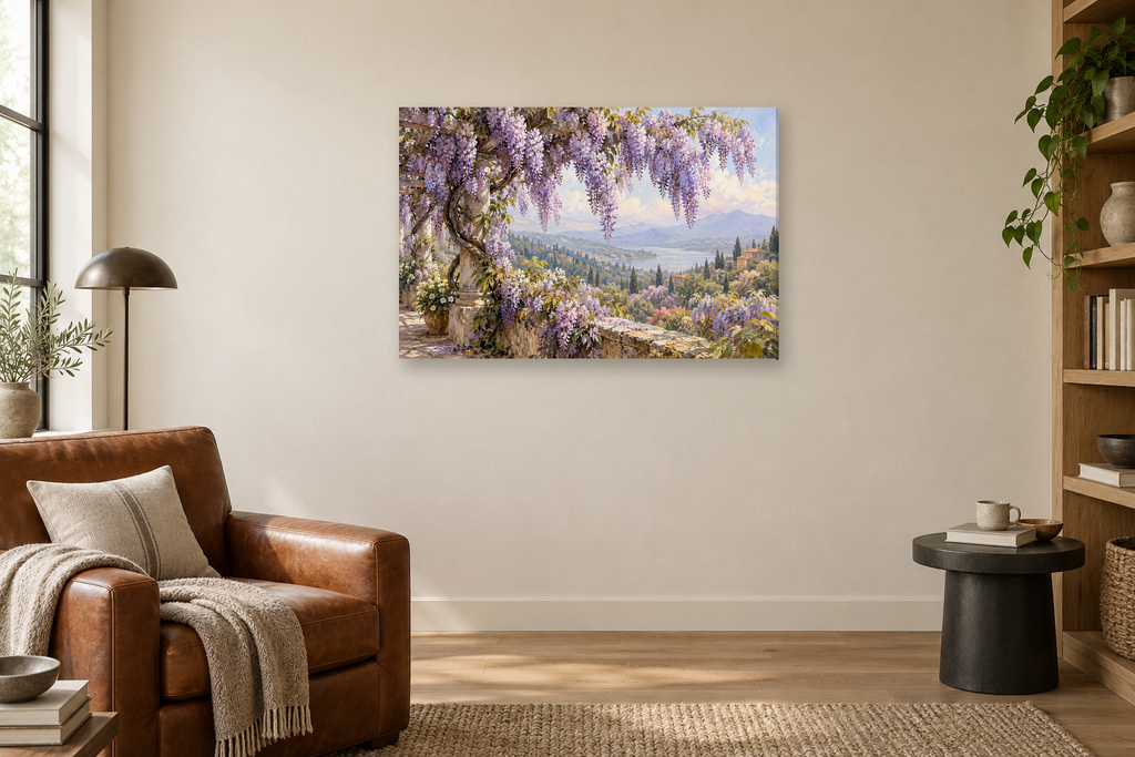 Wisteria Cascade — horizontal canvas in a reading corner, full original artwork
