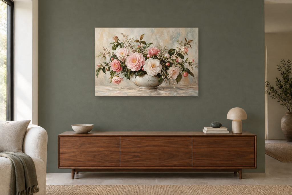 Camellia Blush — horizontal canvas in a living room, full original artwork