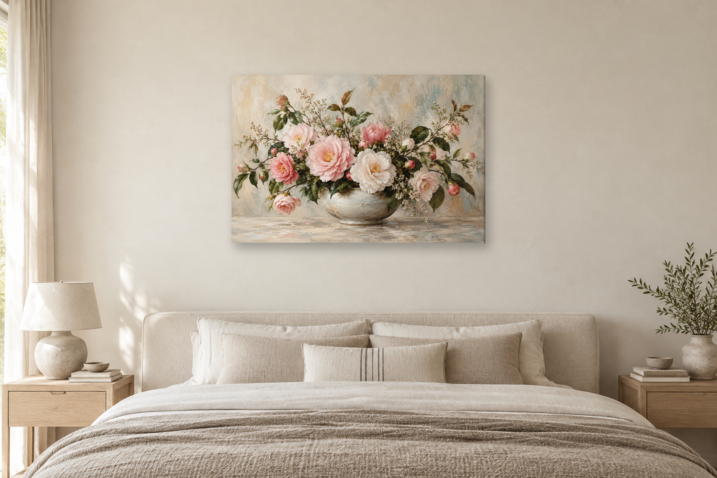 Camellia Blush — horizontal canvas in a bedroom, full original artwork