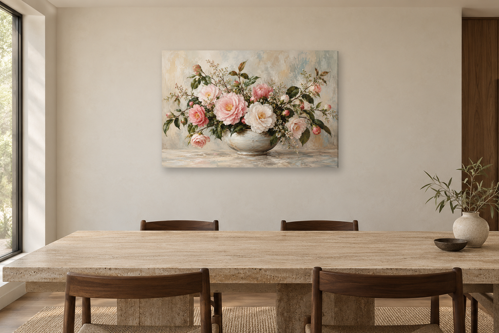 Camellia Blush — horizontal canvas in a dining room, full original artwork