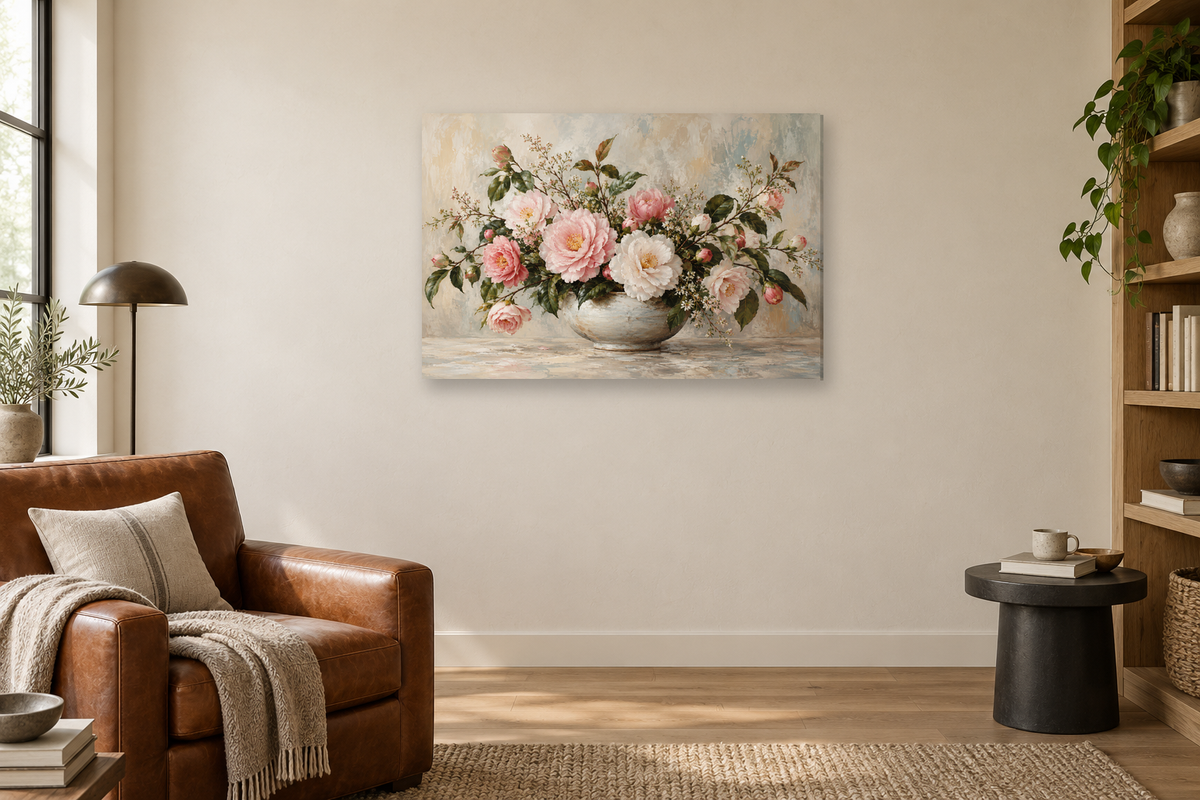 Camellia Blush — horizontal canvas in a reading corner, full original artwork