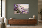 Lilac Garden — horizontal canvas in a living room, full original artwork