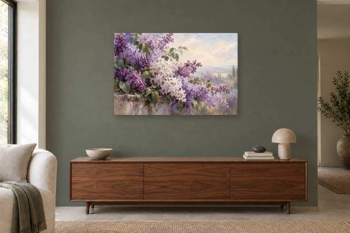 Lilac Garden — horizontal canvas in a living room, full original artwork