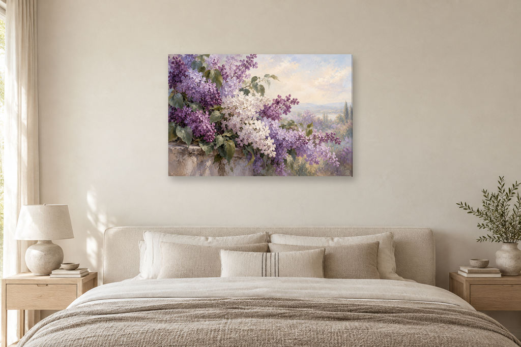 Lilac Garden — horizontal canvas in a bedroom, full original artwork