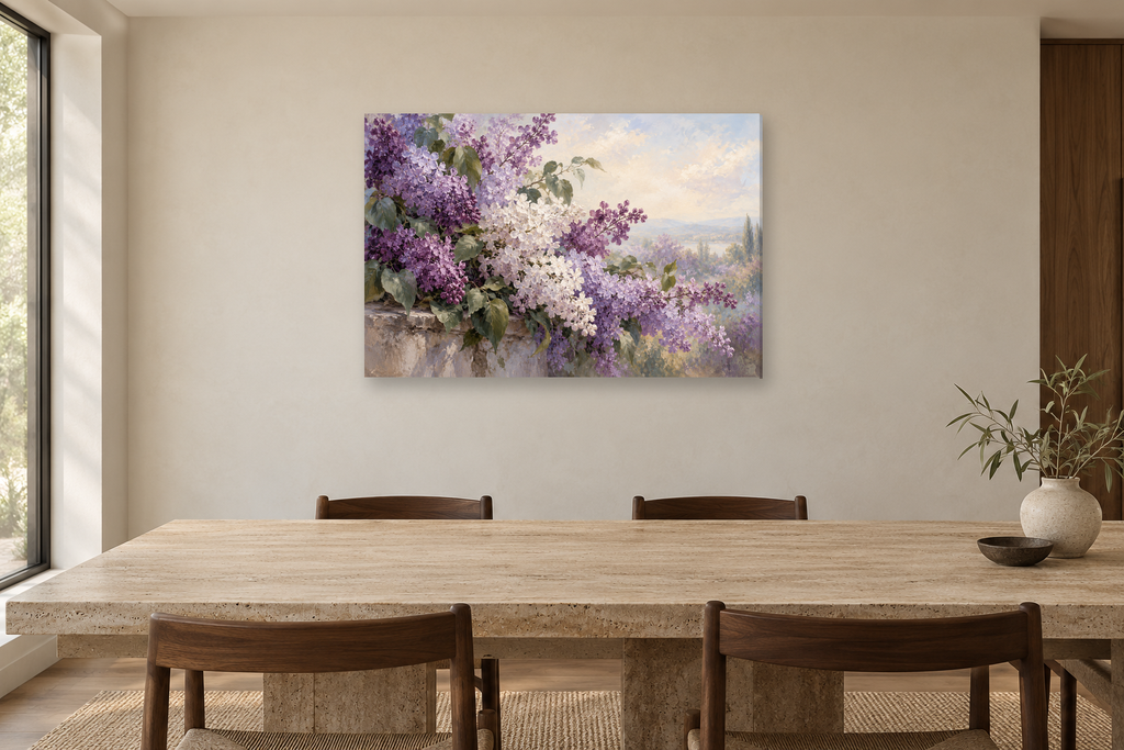 Lilac Garden — horizontal canvas in a dining room, full original artwork