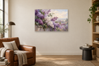 Lilac Garden — horizontal canvas in a reading corner, full original artwork