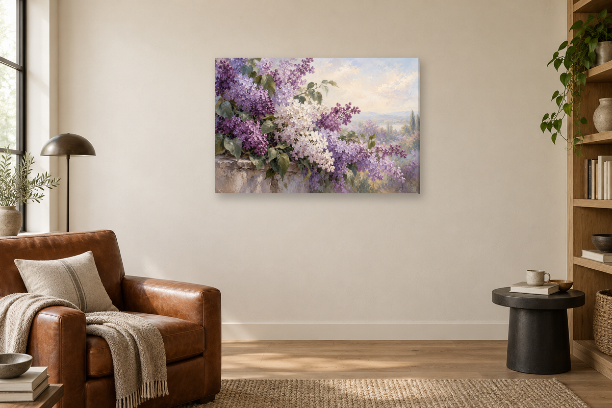 Lilac Garden — horizontal canvas in a reading corner, full original artwork