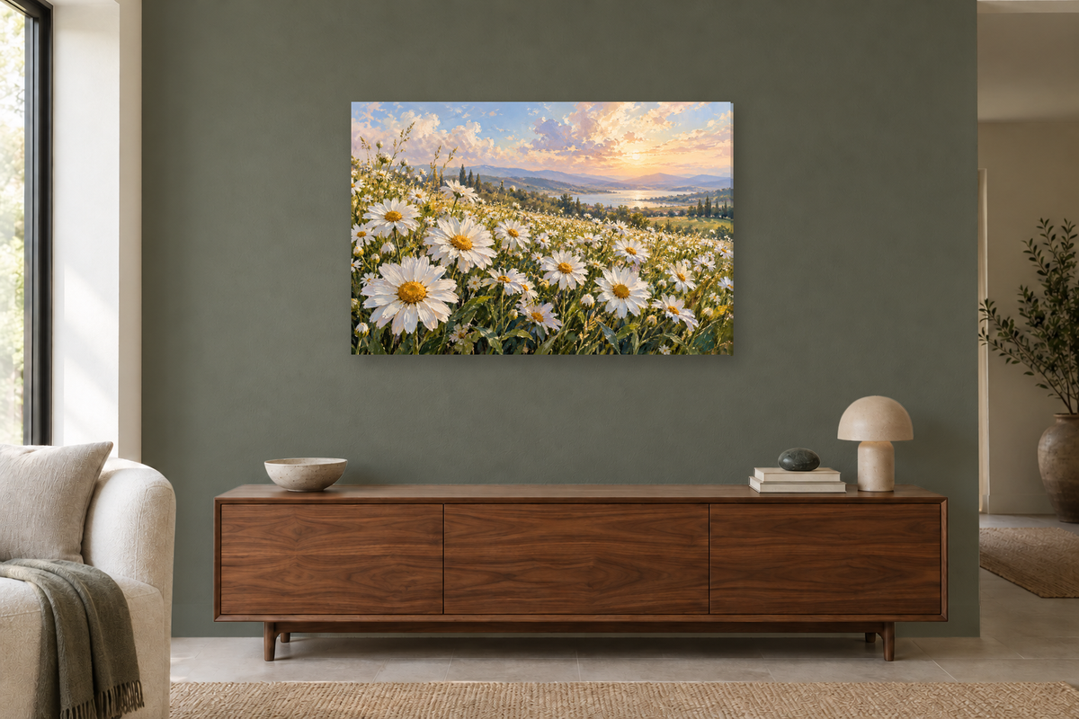 Daisy Field — horizontal canvas in a living room, full original artwork