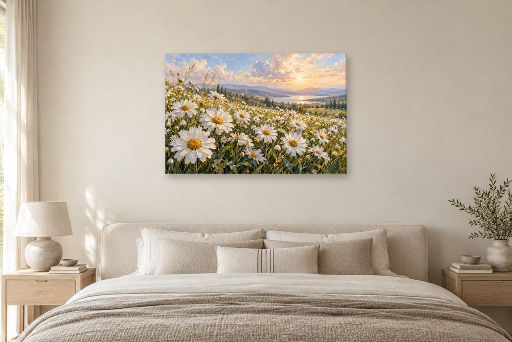 Daisy Field — horizontal canvas in a bedroom, full original artwork