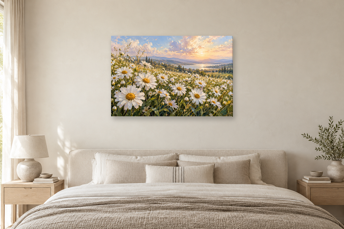 Daisy Field — horizontal canvas in a bedroom, full original artwork