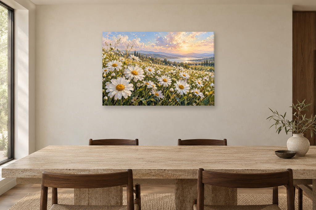 Daisy Field — horizontal canvas in a dining room, full original artwork