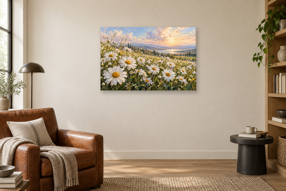 Daisy Field — horizontal canvas in a reading corner, full original artwork