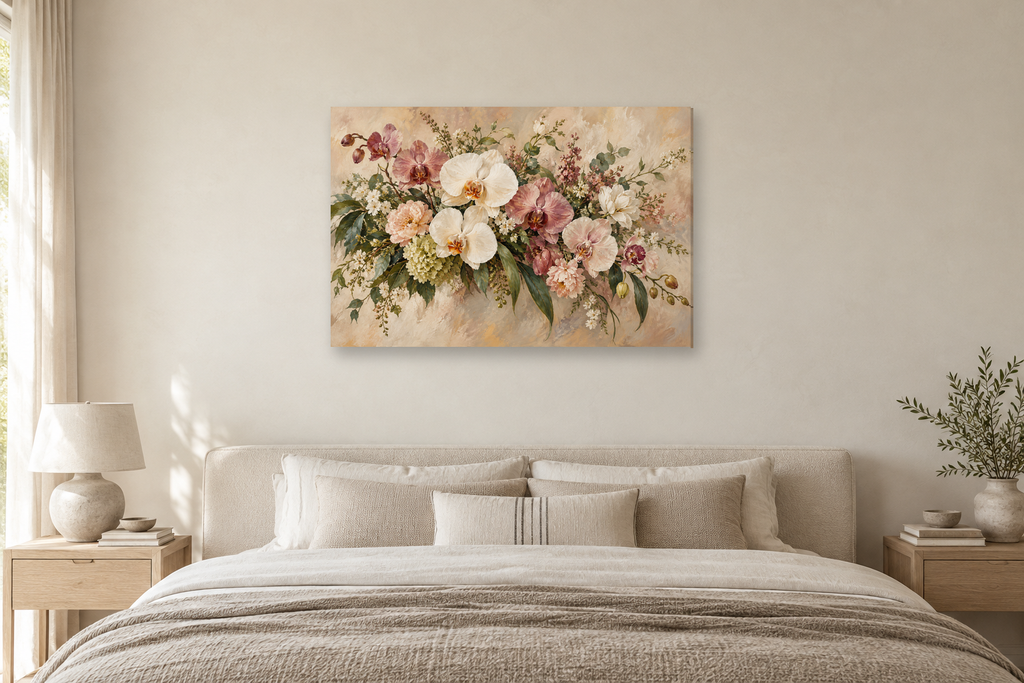 Orchid Balance — horizontal canvas in a bedroom, full original artwork