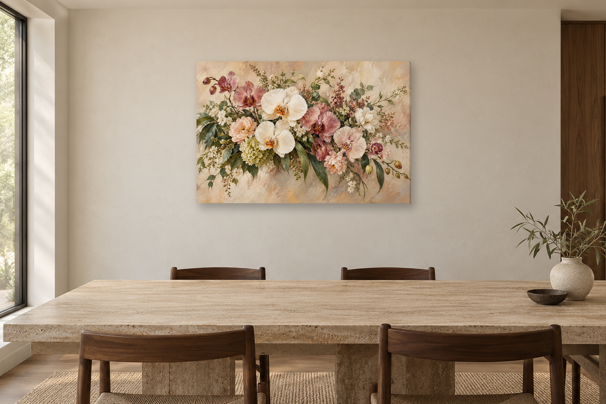 Orchid Balance — horizontal canvas in a dining room, full original artwork