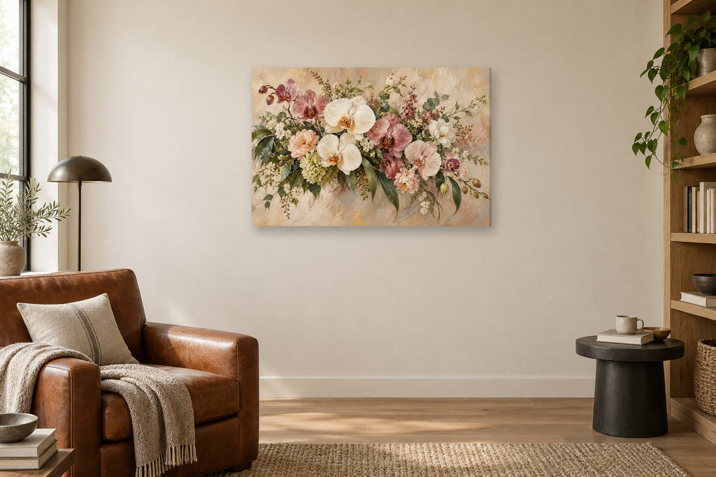 Orchid Balance — horizontal canvas in a reading corner, full original artwork