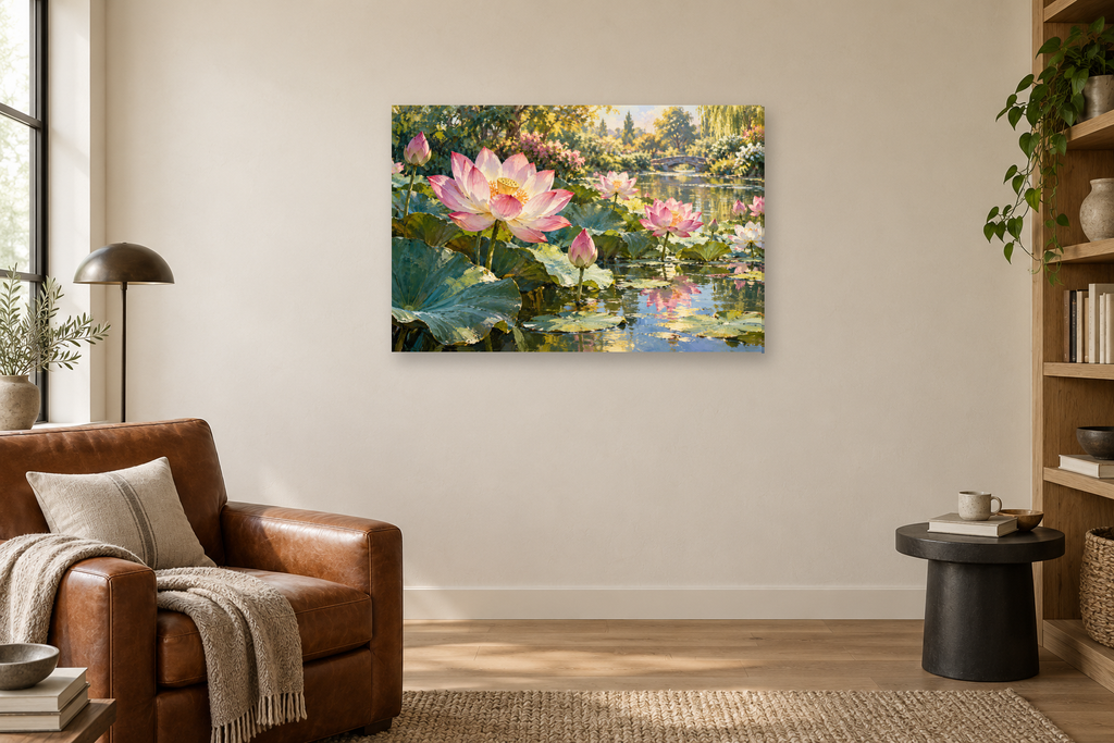 Lotus Reflection — horizontal canvas in a reading corner, full original artwork