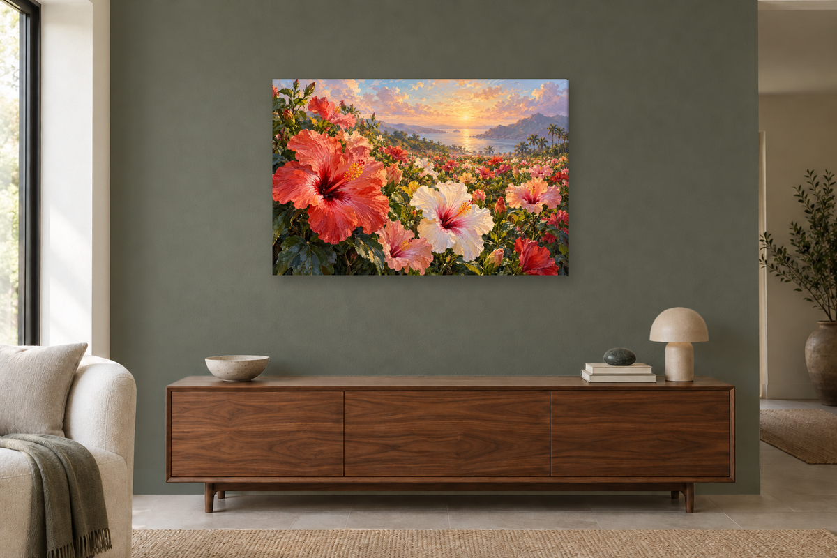 Hibiscus Light — horizontal canvas in a living room, full original artwork