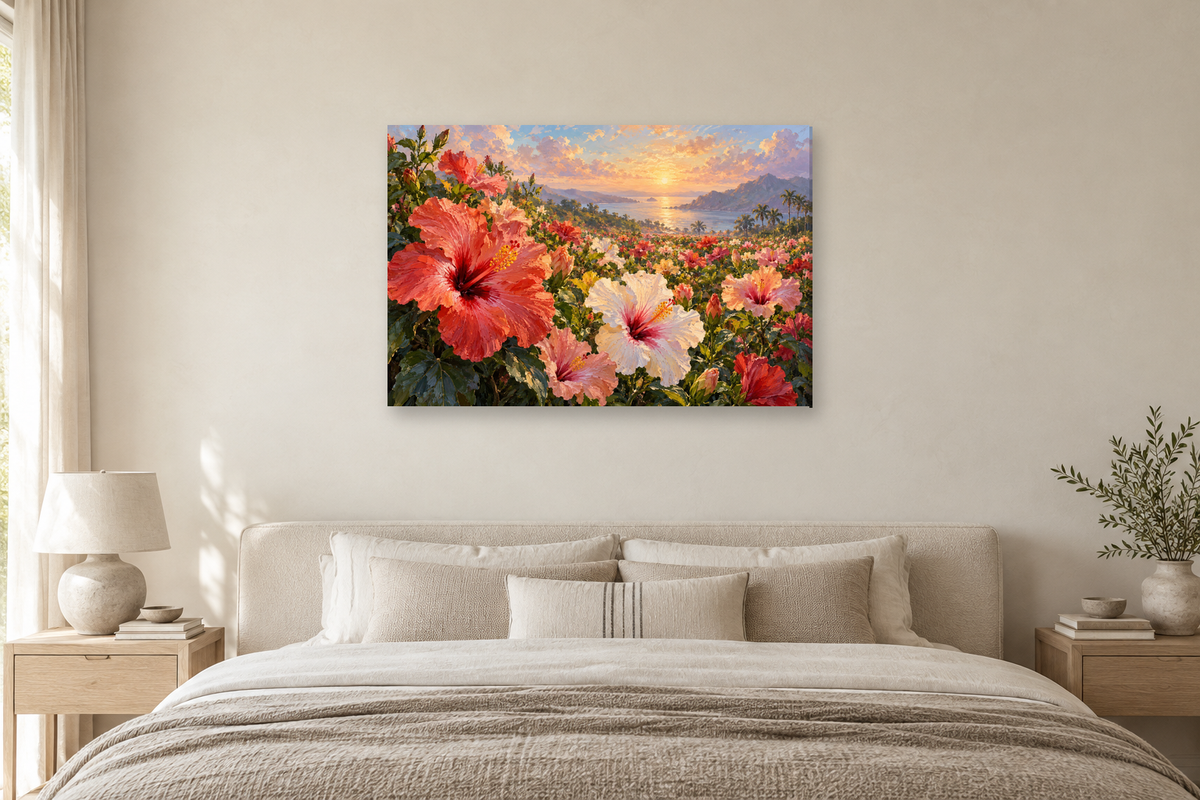 Hibiscus Light — horizontal canvas in a bedroom, full original artwork
