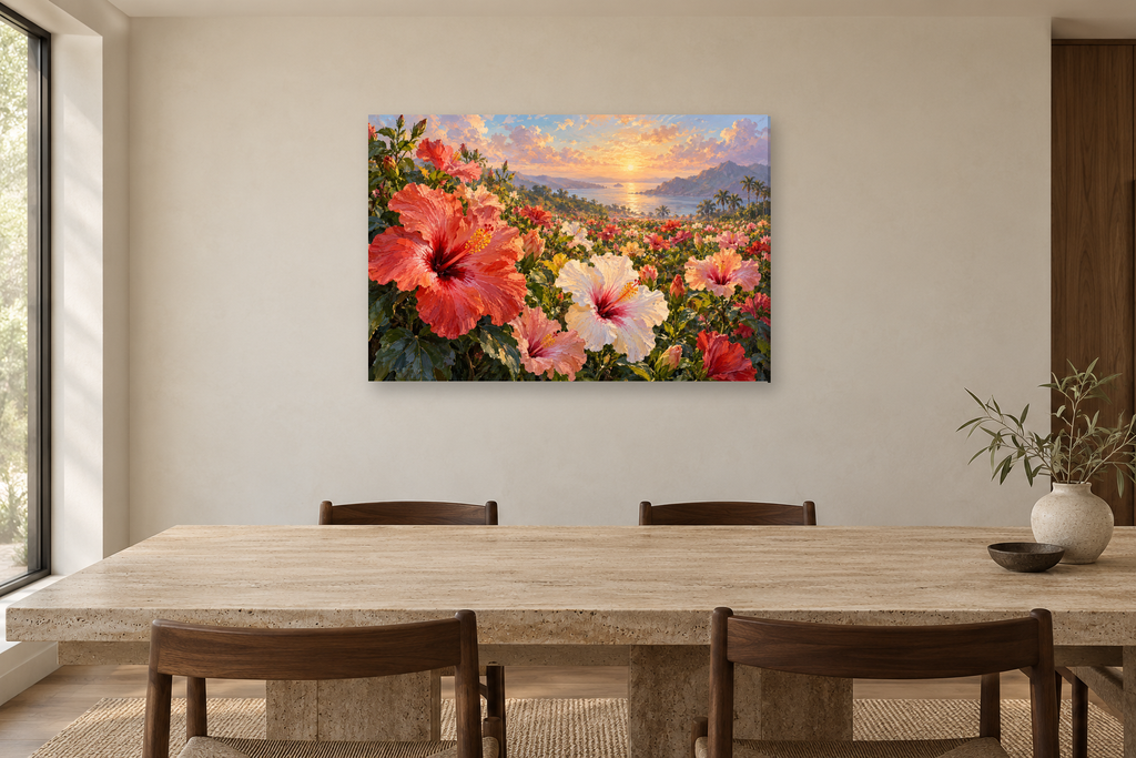 Hibiscus Light — horizontal canvas in a dining room, full original artwork