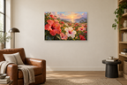 Hibiscus Light — horizontal canvas in a reading corner, full original artwork