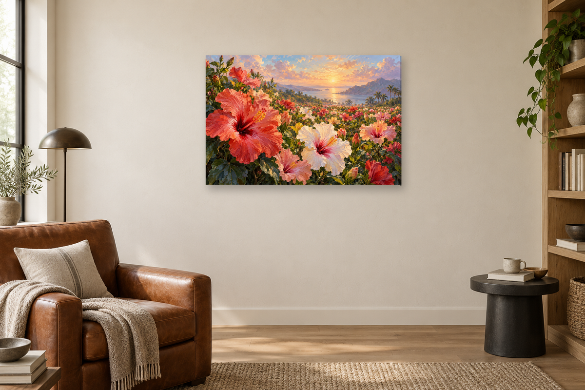 Hibiscus Light — horizontal canvas in a reading corner, full original artwork