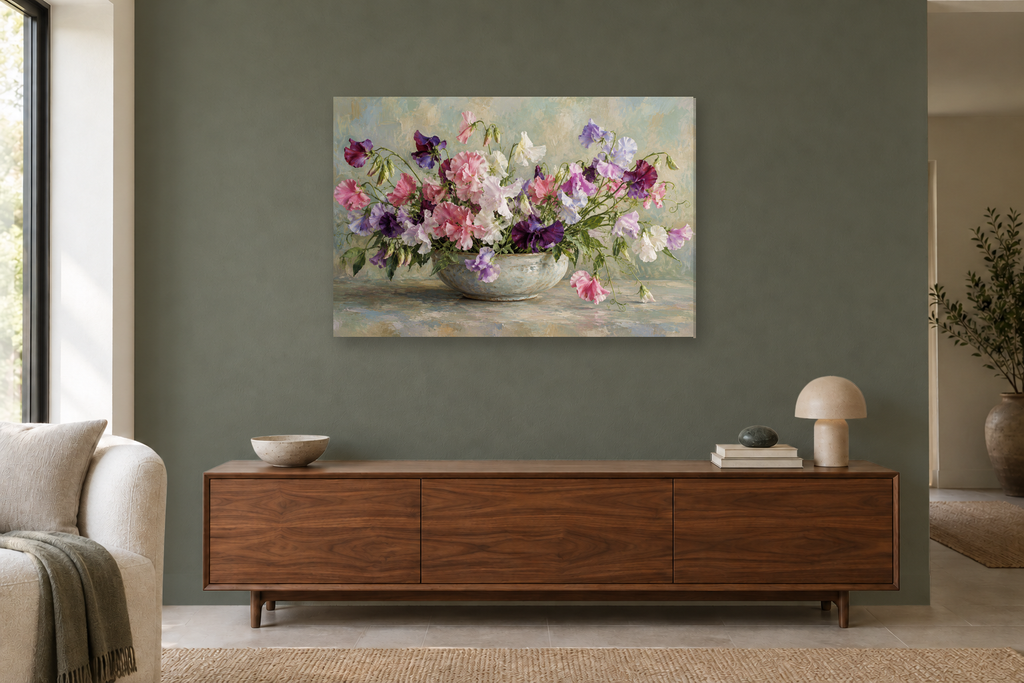 Sweet Pea Study — horizontal canvas in a living room, full original artwork