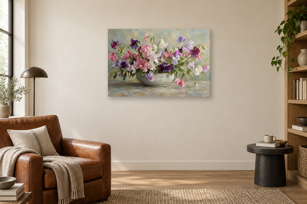 Sweet Pea Study — horizontal canvas in a reading corner, full original artwork