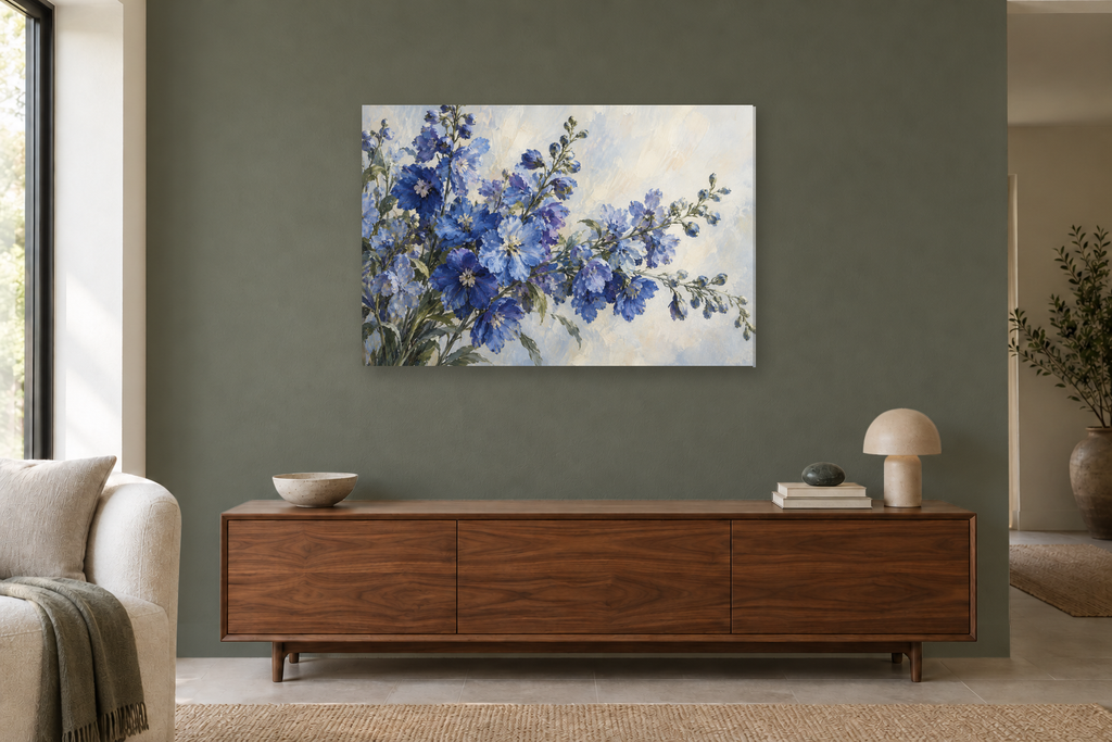 Delphinium Blue — horizontal canvas in a living room, full original artwork