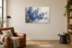 Delphinium Blue — horizontal canvas in a reading corner, full original artwork