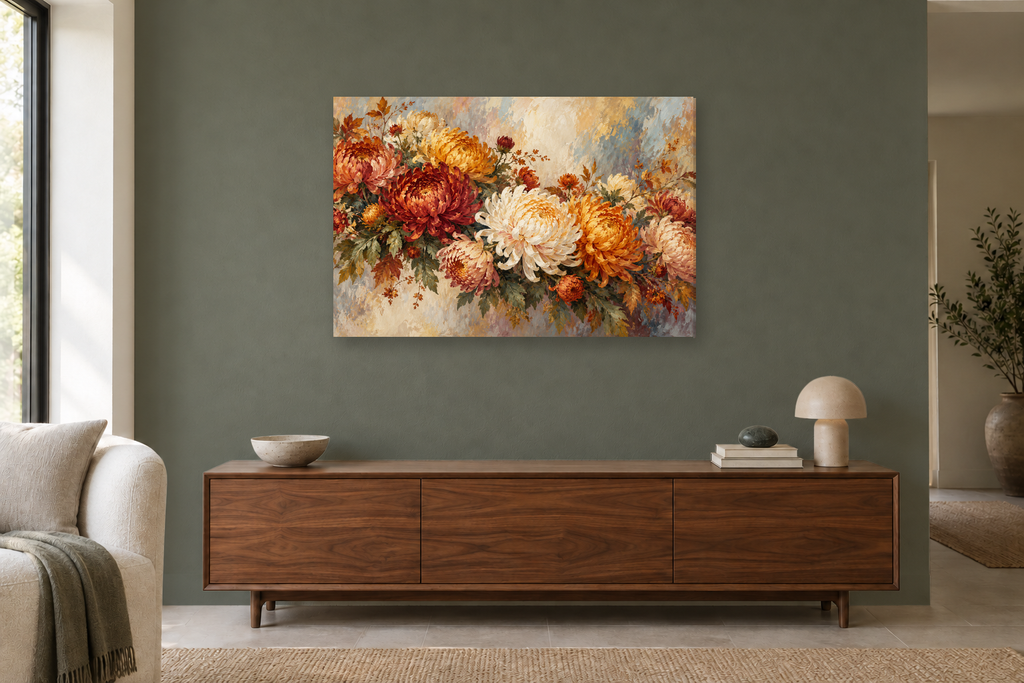 Autumn Chrysanthemums — horizontal canvas in a living room, full original artwork