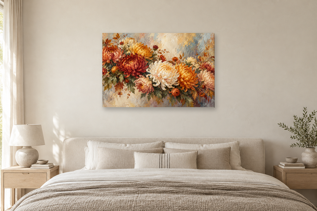 Autumn Chrysanthemums — horizontal canvas in a bedroom, full original artwork